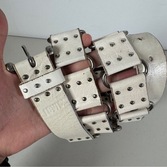Vintage LEVIS White Studded Leather Belt Wide Punk Rocker Goth Grunge Rustic main image 8